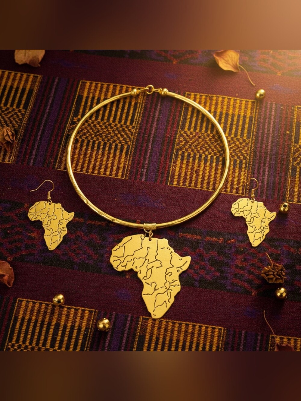 Gold Africa Map Pendant Necklace and Earrings Set - Women Jewelry